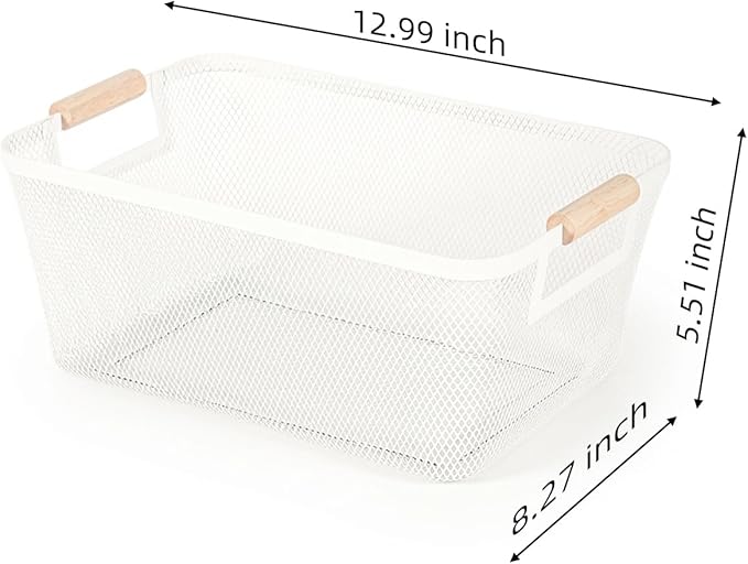 2-Pack Metal Mesh Basket, Medium Wire Storage Organizer with Wood Handle for Kitchen Pantry, Bathroom, Cabinet, Closet, Picnic & Home Organization , Medium, White