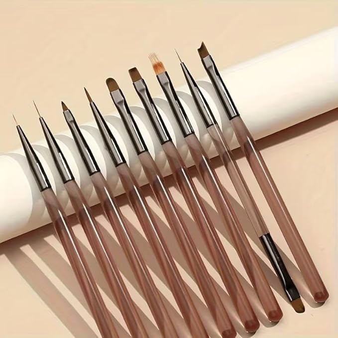 9Pcs Multi-Functional Nail Art Brush Set, Professional Brushes for Gel Polish, French Tip, Ombre, Liner & Clean Up, Manicure Tools for DIY & Salon Nail Design Tools-Brown