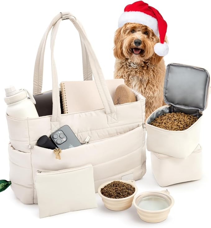 Puffer Dog Travel Bag for Dog Moms – Doggy Diaper Bag with Pet Bowls & Food Storage or Everyday Puffy Tote – Christmas Doggy Mom Gifts for Women – Lightweight, Travel-Ready Gift for Pet Lovers – Beige