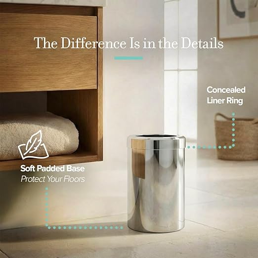 Gatco Small Bathroom Trash Can with Lid, Round 3 Gallon Stainless Steel Wastebasket, Under Sink, Chrome, for Bathroom, Bedroom, Office (1910)