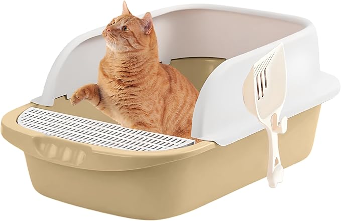 Large Open-Top Cat Litter Box with High Sides, Enclosed Scatter Shield Design, Easy Clean Plastic Litter Pan, Includes Scoop (Pale Beige)