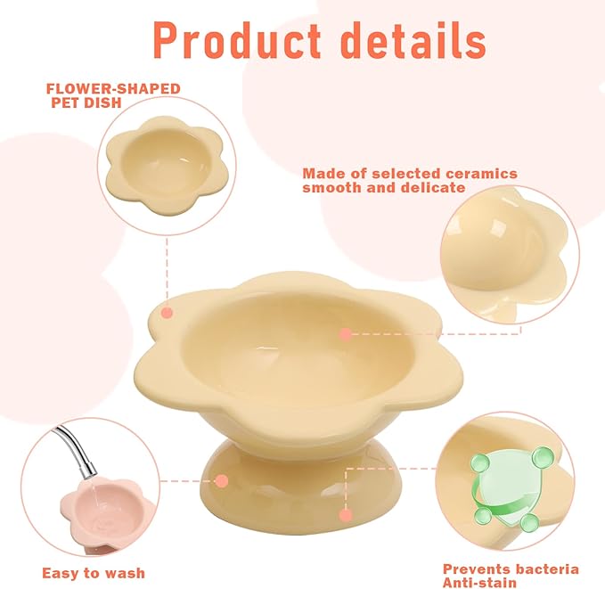 2 Pcs Ceramic Raised Cat Bowls Flower 7 oz Tilted Elevated Cat Food Bowl Cat Dishes for Anti Vomiting Protecting Spine Pet Feeder Water Bowl for Cat Kitten
