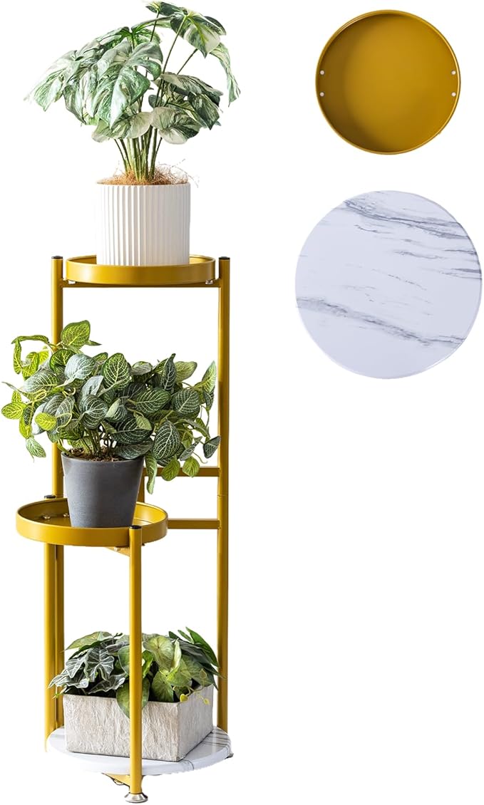 CHPHI Plant Stand Indoor Outdoor, 3-Tier Metal Flower Shelf Pot Holder , Corner Rack for Multiple Plants, Multiple Plants Rack Narrow Display Organizer for Patio Orchid Office Porch Living Room Garden (gold)