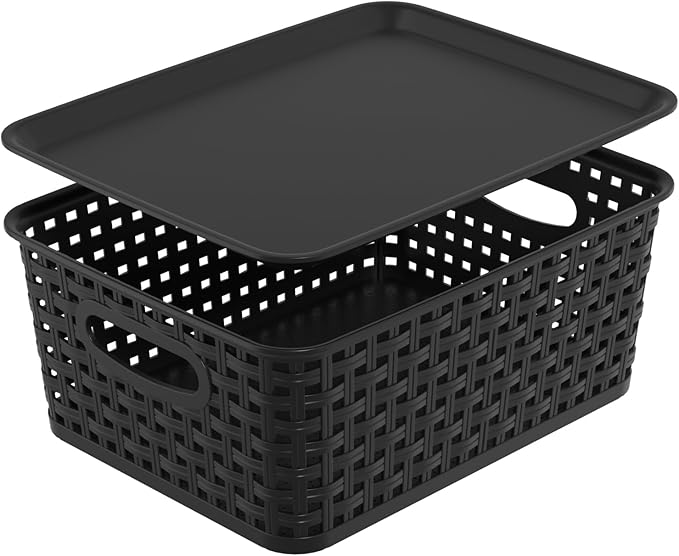 Plastic Weave Storage Bins with Lids, Plastic Organizing Baskets with Lid, Black, 6 Packs