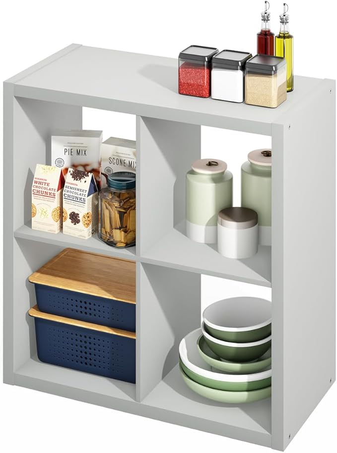 Furinno Hermite 4-Cube Open Shelves Kitchen Storage, Kitchen Island, Bakers Rack, Buffet Sideboard, Light Grey