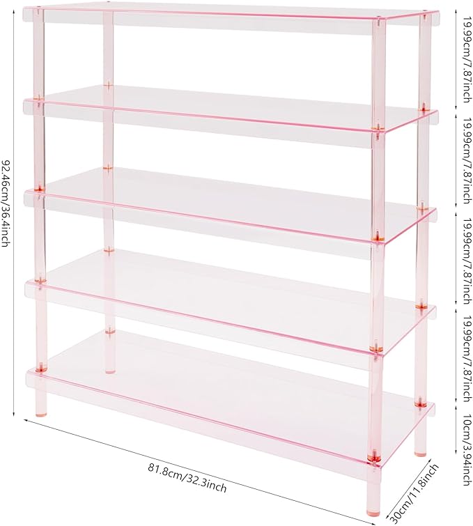 5-Tier Acrylic Shoe Rack in Clear Pink, 22 lbs per Shelf, 5mm Thick Modern Shoe Organizer for Entryway, Living Room, Closet Storage (Pink)
