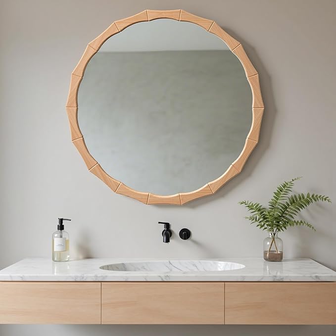 24" Circle Scalloped Mirror,Round Wavy Edge Wall Mirror for Bathroom,Nature Farmhouse Vanity Mirror with Bamboo Framed Hanging Leaning for Bedroom Living Room Entryway