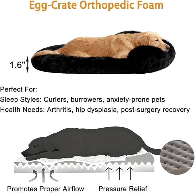 Calming Dog & Cat Beds for Small Medium Dogs Cats, Anti-Anxiety Plush Pets Lounge Couch Sofa Orthopedic Cushion, Soft Fluffy Faux Fur Washable, Fits up to 25 lbs Pets (Oval, Black 26"x20")