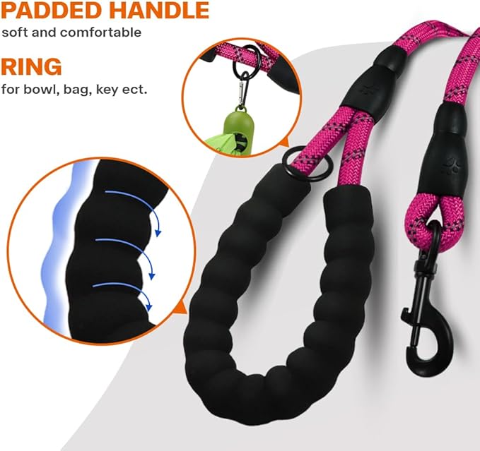 Taglory Rope Dog Leash 4 FT with Comfortable Padded Handle, Highly Reflective Threads Leash for Small Dogs, 3/8 inch, Hotpink