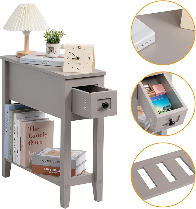 Grey Chairside Narrow End Table, Solid Recliner Side Table with Drawer, Slim Nightstand Bedside Table for Living Room Bedroom