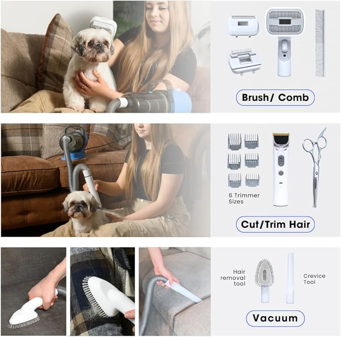 Grooming Kit for Dogs & Cats, with Vacuum, Removes up to 99% of Fur, Brushes, Clippers, for Shedding, Low noise, Adjustable Speed Suction, 16 pcs, Blue, Carolina Pets