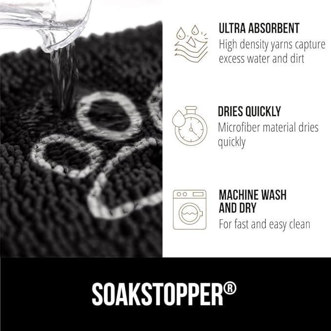 GORILLA GRIP SoakSTOPPER Dog Door Mat, 36x24 Machine Washable Rug Absorbent Doormat Captures Moisture Mud Dirt, Quick Dry Soft Chenille Entryway Rugs Indoor Entrance Mats for Dog Paws, Black White