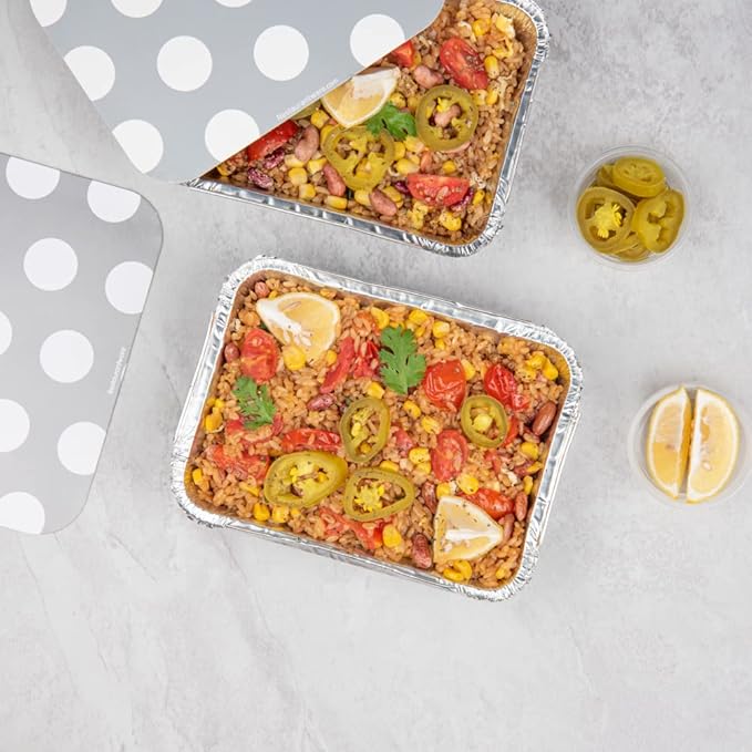Restaurantware 16 Ounce Disposable Takeout Containers 50 Rectangle Food Containers - With Polka Dot Lids Silver Takeaway Containers Aluminum Delivery Containers Freezable