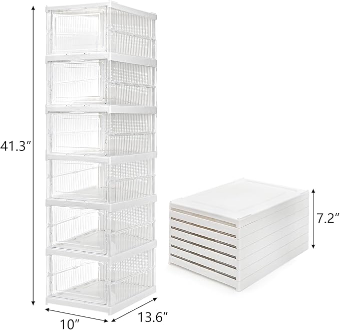 Hedume 6 Pack Clear Shoe Boxes Stackable, Drop Front Shoe Storage Box, No Assembly Plastic Shoe Organizer Storage Bin with Door, Free Standing Shoe Shelf Cabinet with Lid for Size 13, 13.6"x10"x7.9"