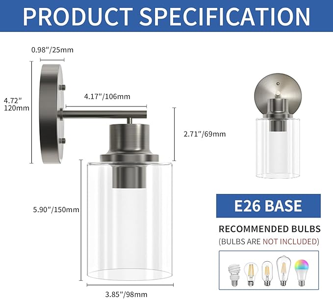 GORDNWE 1-Light Bathroom Wall Sconce, Brushed Nickel Vanity Light, Modern Wall Light Fixture with Clear Glass Shade and E26 Bulb Base, Wall Lamp Wall Mount Light Fixtures for Mirror, Bedroom, Hallway