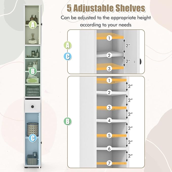 Giantex Slim Bathroom Storage Cabinet - 71” Tall Narrow Floor Cabinet Cupboard with 2 Doors, 5 Adjustable Shelves, 1 Drawer, Anti-Tipping Device, Thin Linen Tower Cabinet for Living Room (1, White)