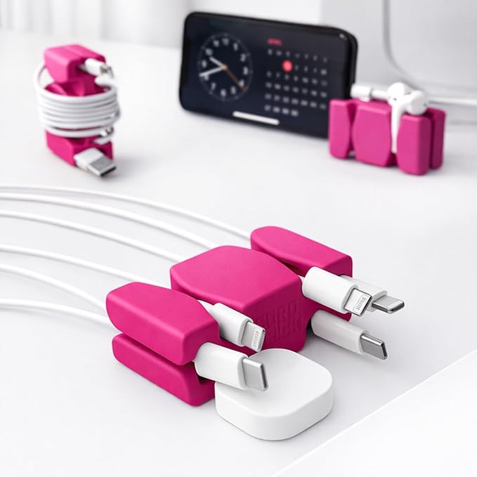 CordBrick Stocking Stuffers for Adults Cord Management Weighted Cord Holder Cable Wrap Phone Stand - Multiuse Gadget Organizer for Nightstand, Desk. Gift for Men, Durable Silicone. 4pk Pink