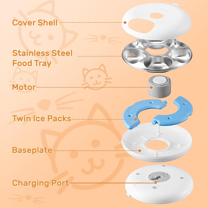 Automatic Cat Feeder Wet Food, Auto Wet Food Feeder for Pets with Two Ice Packs, Digital Cordless Pet Fresh Food Bowl for Newborn Senior Sick Cats and Small Dogs (6-Meal Stainless Steel Food Tray)