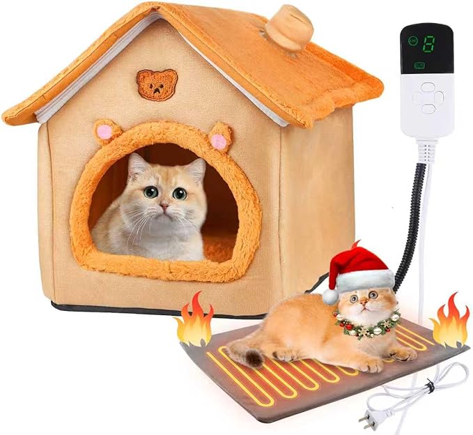 Heating Inside Cat&Dog House Heated Pet Indoor Heated Kitty House Bed(A Nest Box and A Heating Pad)