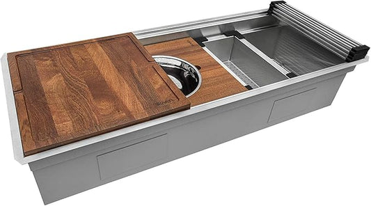 Ruvati 45-inch Undermount Workstation Kitchen Sink – 16 Gauge Stainless Steel Single Bowl with Ledges & Accessories – RVH8333