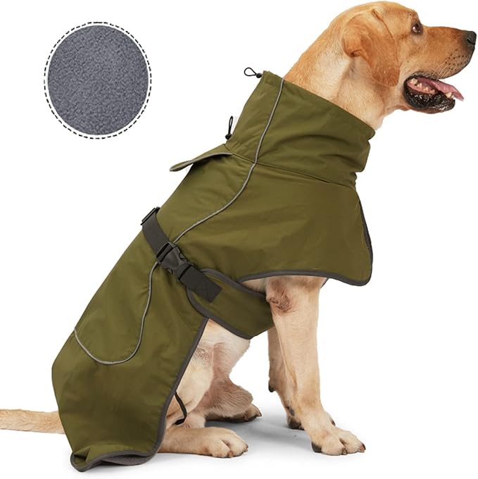 Barkworthies Dog Raincoat - Waterproof Winter Jacket with Velvet Inner, Reflective Strip, Green, 2XL