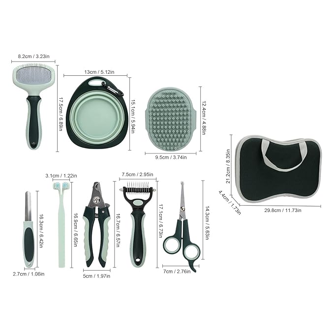 8 Pcs Dog Cat Grooming Kit, Professional Deshedding Bath Brush with Rake Nail Clippers Comb Toothbrush, Portable Storage Bag for Daily Pet Care and Shedding Control