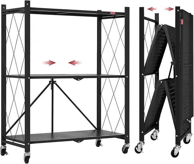 DEANIC 3 Tier Foldable Storage Shelves with Wheels, Kitchen Appliance Stand, Freestanding Metal Wire Shelf Rack, No Assembly Organizer Rolling Cart for Garage, Basement, Pantry (Black)