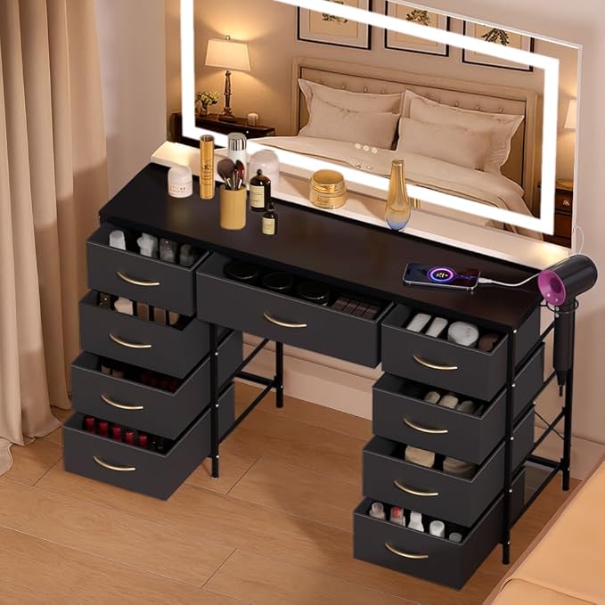 COMHOMA Vanity Desk with Large Mirror,LED and Power Outlet,Makeup Table with 9 Storage Drawersand HD Mirrors,3 Color Modes Adjustable Lighting for Bedroom Dressing Room (Black, 47inch)