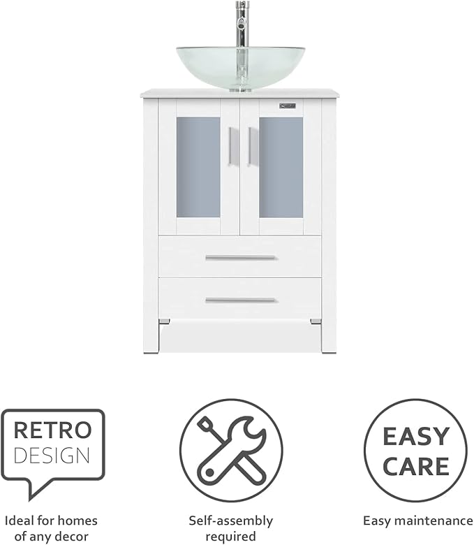 eclife 24" Modern Bathroom Vanity Sink Combo Freestanding Cabinet with Soft Closing Door, Clear Round Glass Vessel Sink, Water Save Faucet, Drain (White+A16)