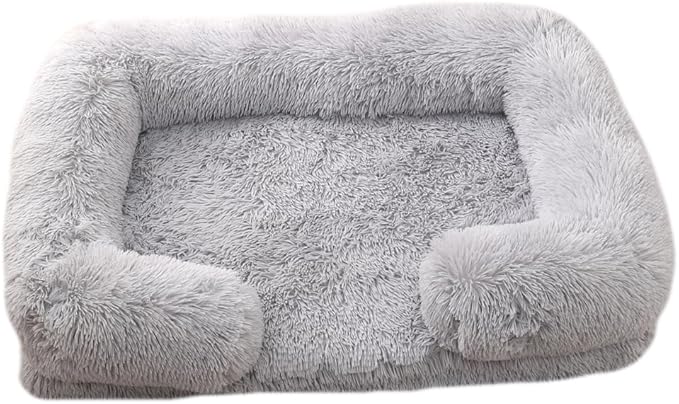 Orthopedic Dog Bed for Large Dogs - Washable Memory Foam Pet Sofa, Fluffy Plush Rectangular Bed, Waterproof Anti-Anxiety Couch, Light Gray, L