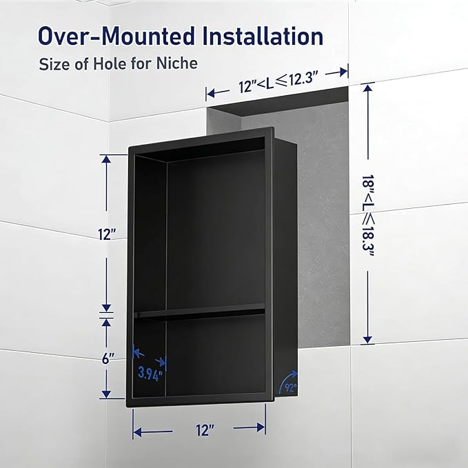 Recessed Wall Niche Cabinet 18" x 12", Matte Black Stainless Steel, No Tile Needed, with 1 Centered Shelf, Shower Niche Storage