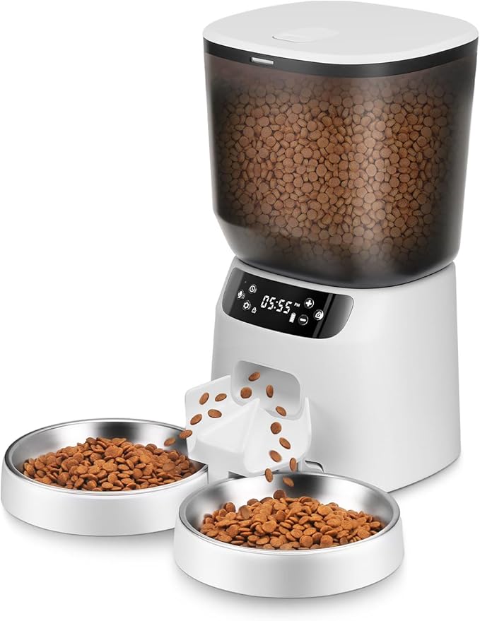 Automatic Cat Feeders for Two Cats, 5L/20 Cups Double Automatic Cat Food Dispenser with 2 Stainless Bowls, Timer Setting 20 Portions 6 Meals Per Day, 10s Meal Call, Pet Feeder for Dog (White, 5L)