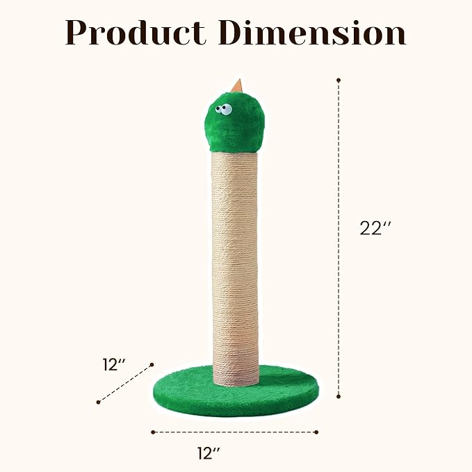 Cat Scratching Post for Small Space, 22'' Scratching Posts for Indoor Cats Adults, Extra Wide 13.4" Stable Base & Natural Sisal, Cute Cat Scratching Post with Short Plush Fabric for Large Cats, Green