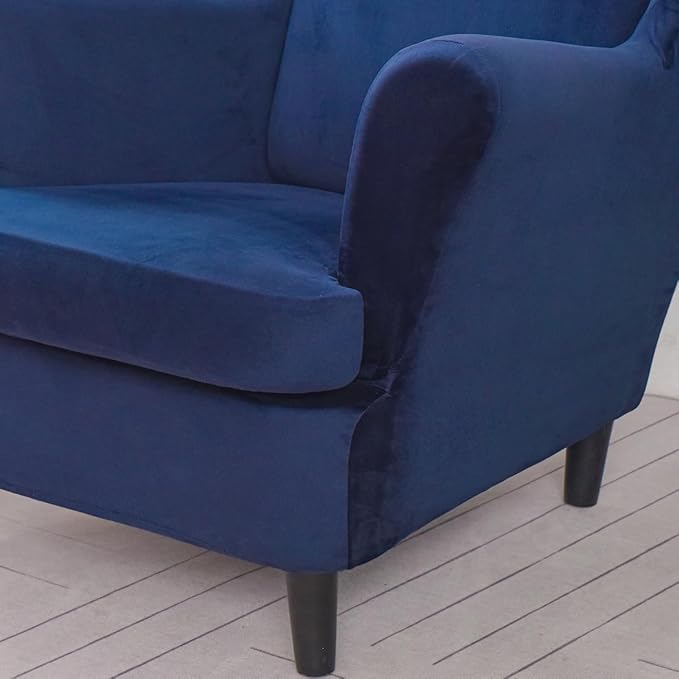 OBCREAT Wingback Chair Covers 2 Piece Stretch Velvet Wingback Chair Slipcover Soft Wing Chair Sofa Covers with Elastic Bottom,Armchair Couch Cover Furniture Protector for Living Room (Dark Blue)
