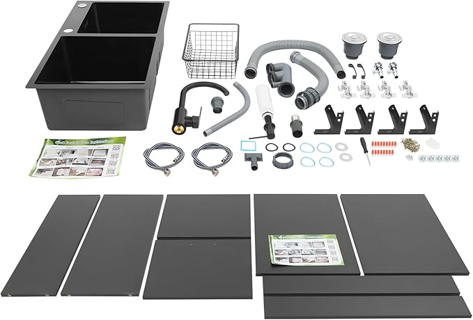 30-Inch Laundry Sink with Cabinet & Hot/Cold Faucet, Large Utility Sink Cabinet with Stainless Steel Double Sinks & Drain Basket, Freestanding Black Cabinet with Sink for Laundry&Utility Room,Kitchen