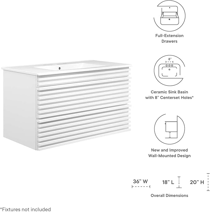 Modway Render 36" Wall-Mount Bathroom Vanity in White White