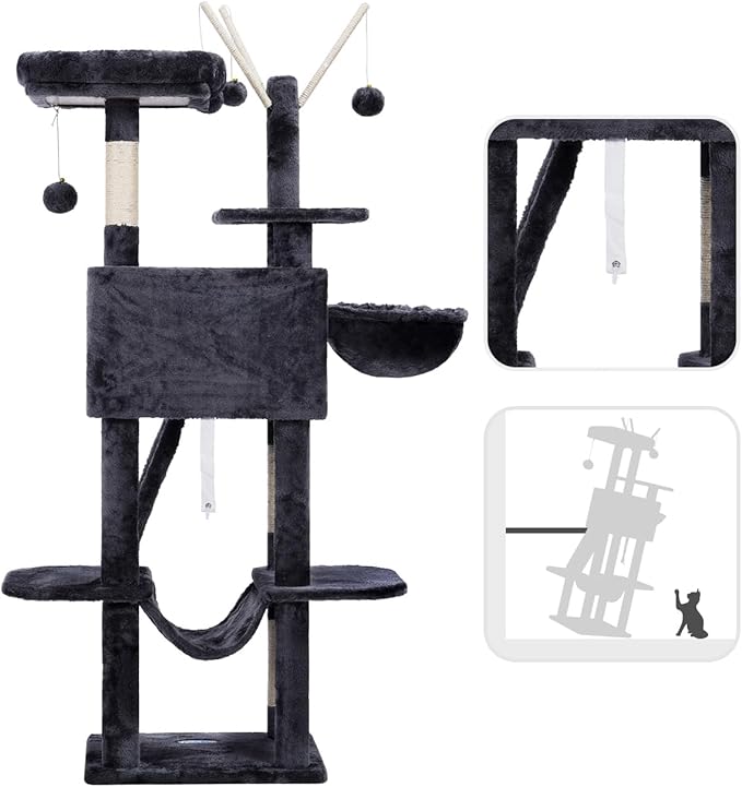 Hey-brother Cat Tree, 53 inch Cat Tower for Indoor Cats, Cat House with Padded Platform Bed, Toy Balls, Large Cozy Condo, Hammocks and Sisal Scratching Posts, Smoky Gray MPJ019-SG