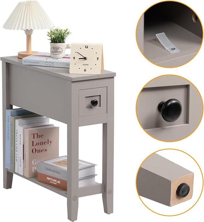 Grey Chairside Narrow End Table, Solid Recliner Side Table with Drawer, Slim Nightstand Bedside Table for Living Room Bedroom