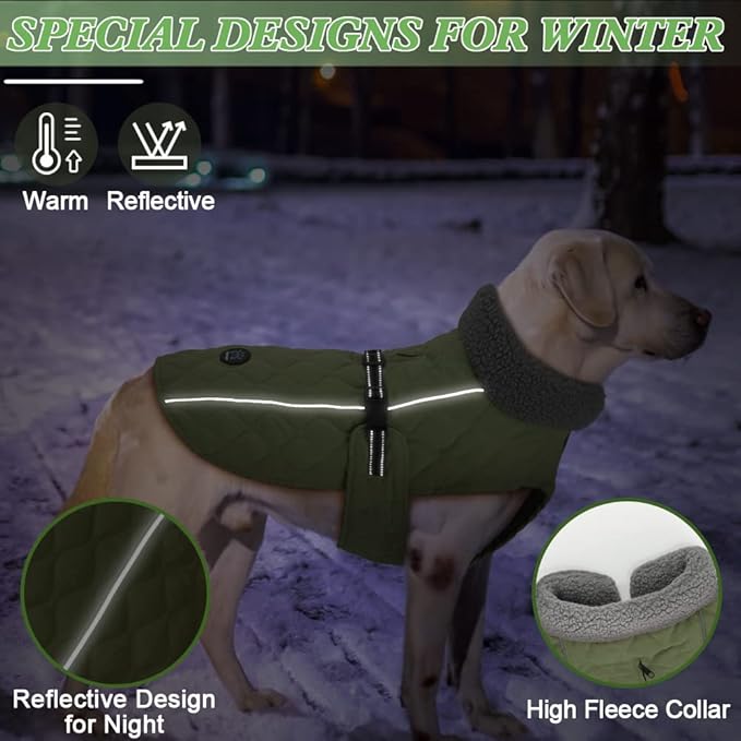Dog Jackets, Furry Collar Winter Coats for Dogs with Fleece Lining, Water Resistant Reflective Winter Dog Jackets, Adjustable Warm Windproof Pet Coats for Large Dogs, Green L