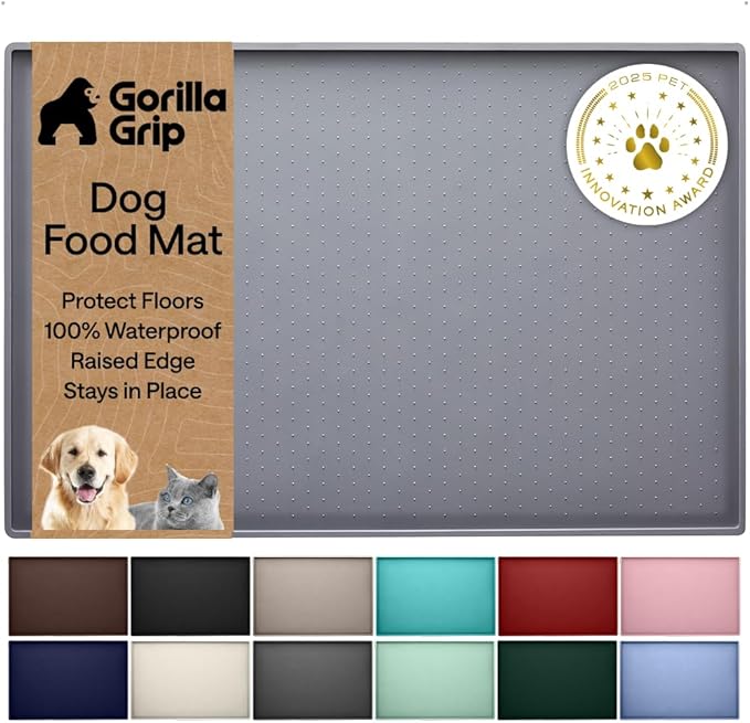 GORILLA GRIP 100% Waterproof Raised Edge BPA Free Silicone Pet Feeding Mat, Dog Cat Food Mats Contain Spills Protects Floors, Placemats for Cats and Dogs Water Bowl, Pets Accessories 23x15 Gray