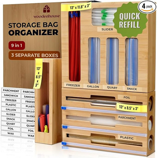 Bamboo Storage Bag Organizer, 9 in 1 Sandwich Bag Organizer & Foil Wrap Dispenser with Labels – Fits Gallon, Quart, Snack [Measure Your Drawer Before Ordering]