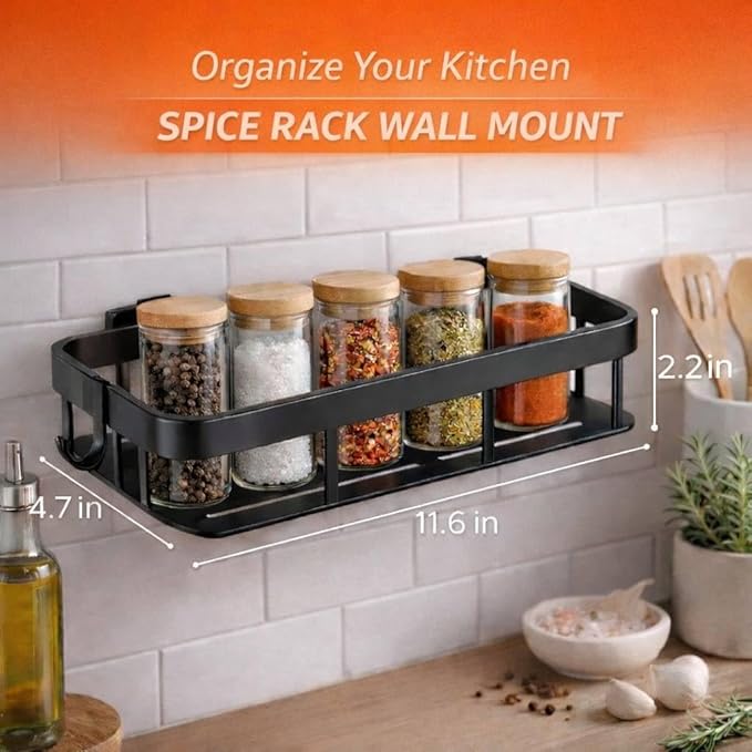 Spice Rack Wall Mount, Adhesive No Drill Wall Mounted Spice Rack for Kitchen & Pantry, 2 Pack Plastic Organizer with Metal Base and Hooks, Renter Friendly