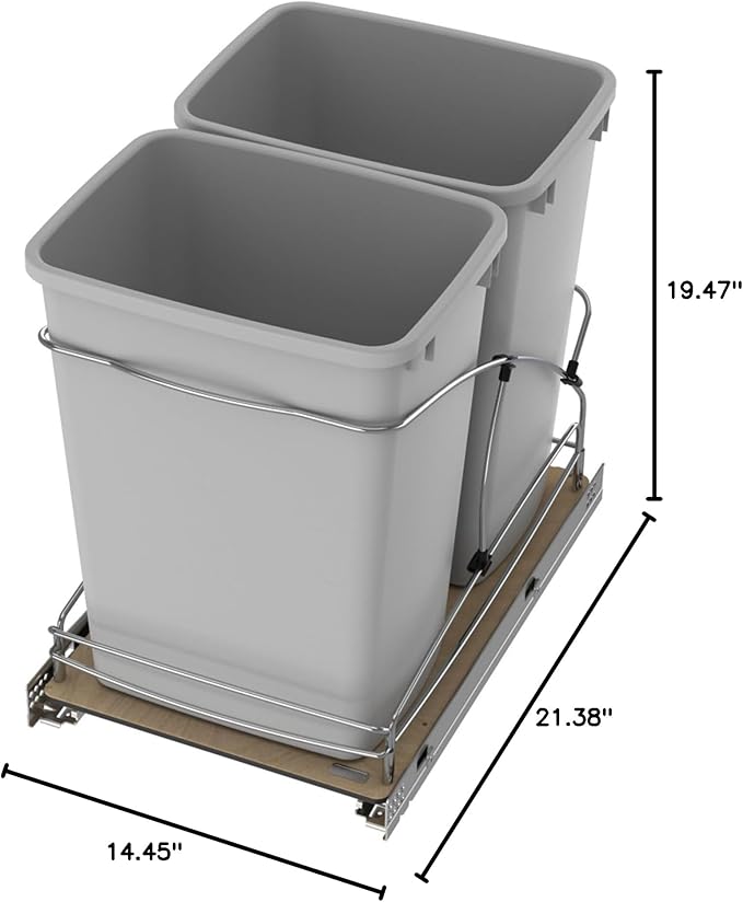 Rev-A-Shelf Steel Bottom Mount Double 35 Quart 8.75 Gallon Waste Bin Trash Container for Under Kitchen Cabinet with Soft Close, Gray, 54WC-1835SC-17-1