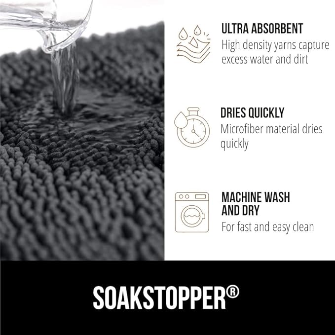 GORILLA GRIP SoakSTOPPER Dog Door Mat, 48x30 Machine Washable Rug Absorbent Doormat Captures Moisture Mud Dirt, Quick Dry Soft Chenille Entryway Rugs Indoor Entrance Mats for Dog Paws, Charcoal