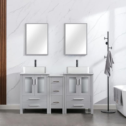 eclife 60" Modern Bathroom Vanity Sink Combo Freestanding Cabinet with Small Side Cabinet, White Black Ceramic Vessel Sink, Water Save Faucet, Drain (Gray+T03BK)