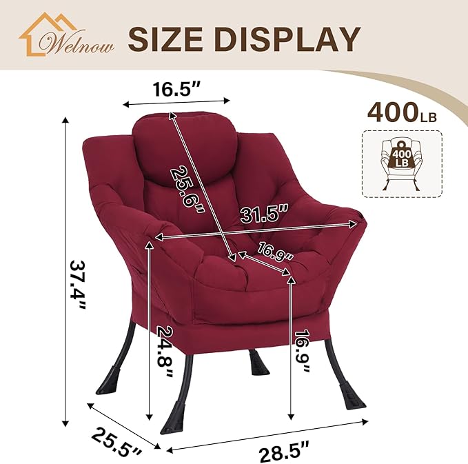 Welnow Lazy Chair for Living Room, Modern Reading Lounge Accent Chair with Armrests and a Side Pocket, Leisure Upholstered Lazy Sofa for Small Space, Bedroom, Dorm, Burgundy
