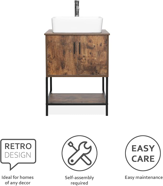 eclife 24" Bathroom Vanity Sink Combo Modern Metal Stand Cabinet W/Bottom Shelf White Rectangle Vessel Sink & Water Save Faucet & Pop Up Drain, Rustic Brown (T03)
