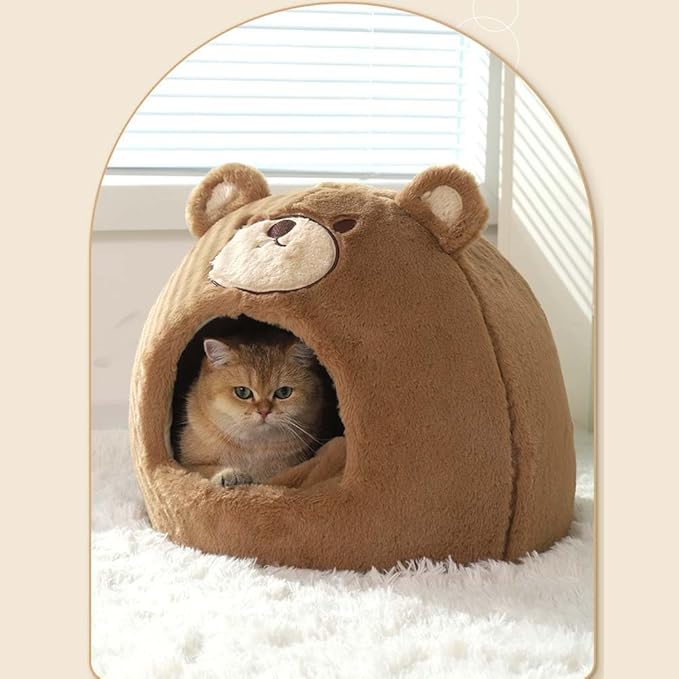 Cat Beds for Indoor Cats - Cute Cat Bed Cat Cave Bed ，Soft Calming Pet Bed with Removable Washable Cushioned Pillow，Cat Hideaway for Kitten&Puppy,Small Dog (Bear，M)