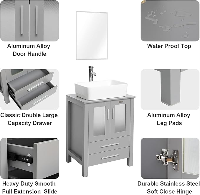 eclife 24" Modern Bathroom Vanity Sink Combo Freestanding Cabinet with Soft Closing Door, White Rectangle Ceramic Vessel Sink, Water Save Faucet, Drain (Gray+T03)