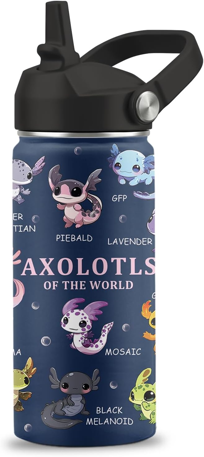 Axolotl Gifts, 16 oz Water Bottle with Straw Lid, Stainless Steel Insulated Tumbler, Cute Animals Water Bottle, Axolotl Cup Gifts for Birthday Christmas (1pcs)
